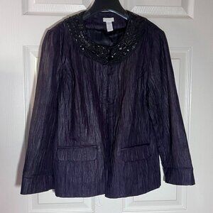Pleated Purple Chico's Open Front Jacket with Beaded Collar